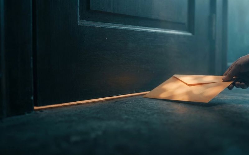 A hand sliding a glowing amber envelope under a dark closed door.