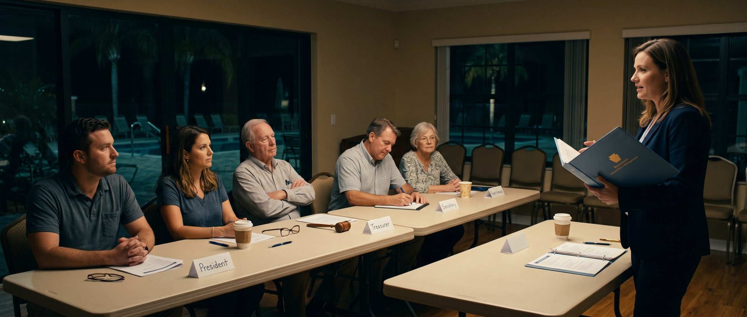 At an evening HOA board meeting in a community clubhouse, five volunteer board members at folding tables with name tents and a gavel listen as a manager from Keystone Association Management presents from an open proposal binder