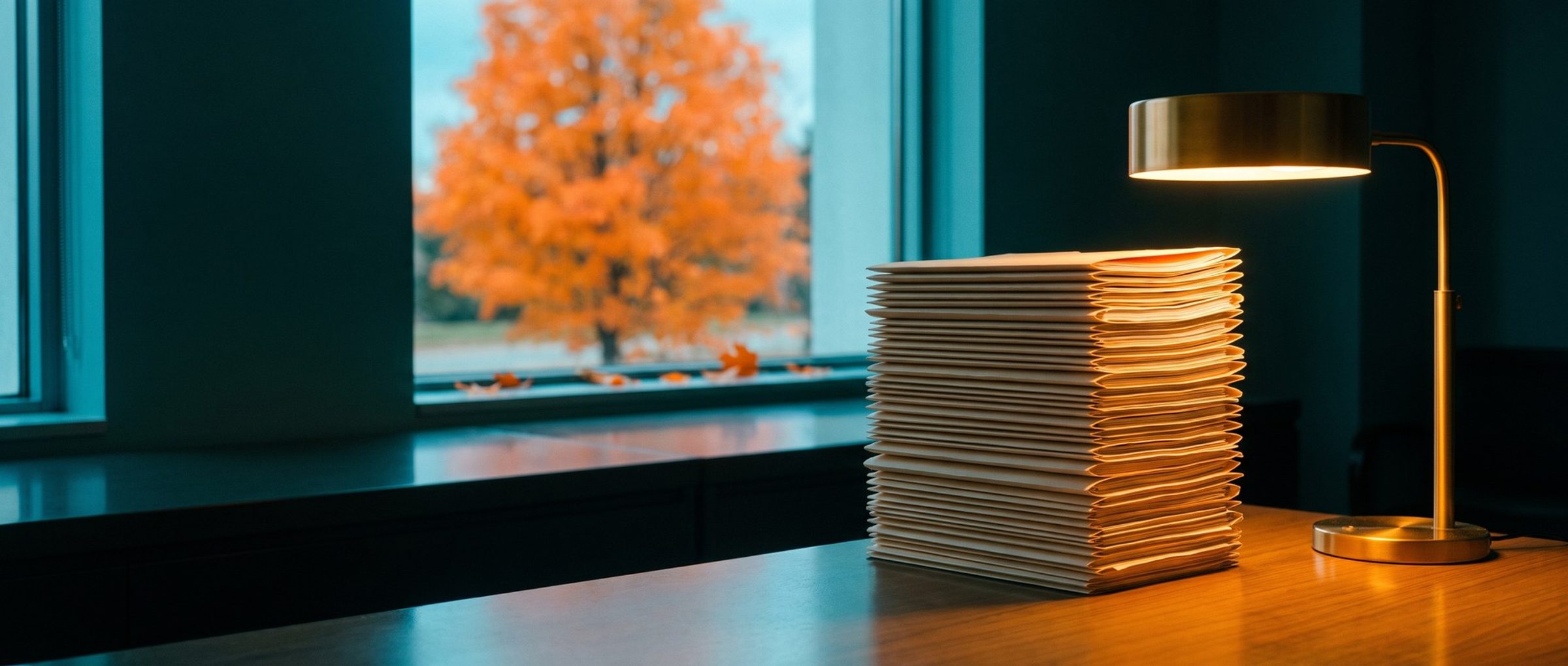 A tall stack of blank manila patient folders under a brass desk lamp in an orthopedic practice's scheduling office, with a bright orange autumn tree through the window