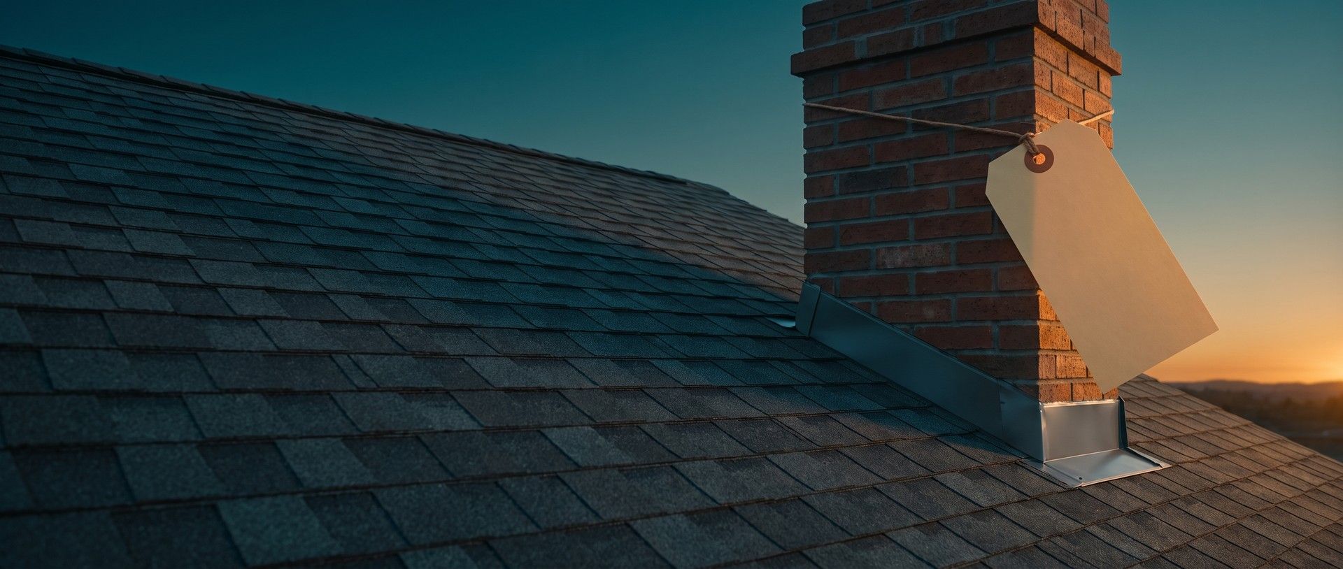 A large blank manila price tag tied with twine to the red-brick chimney of a new charcoal shingle roof at golden hour