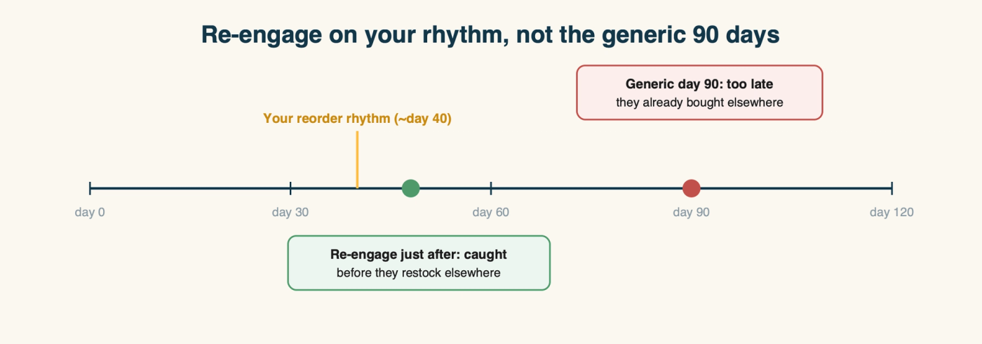 Diagram: a timeline showing a store's natural reorder point around day 40, with a well-timed re-engagement just after it catching the customer, versus a generic day-90 message arriving too late after they have already bought elsewhere