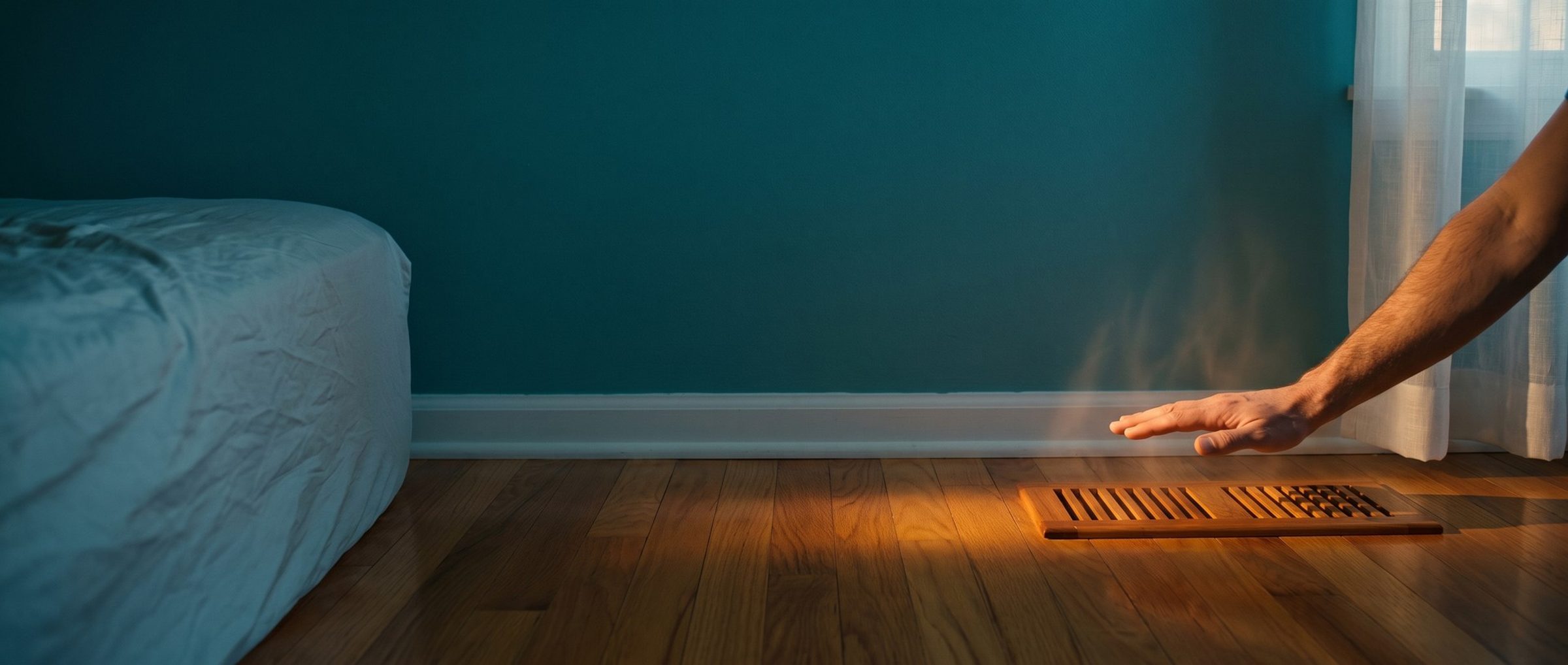 A homeowner's open hand hovers over a wooden floor vent in a hot bedroom at sunset, feeling the air, with heat shimmer rising and a still curtain at the window