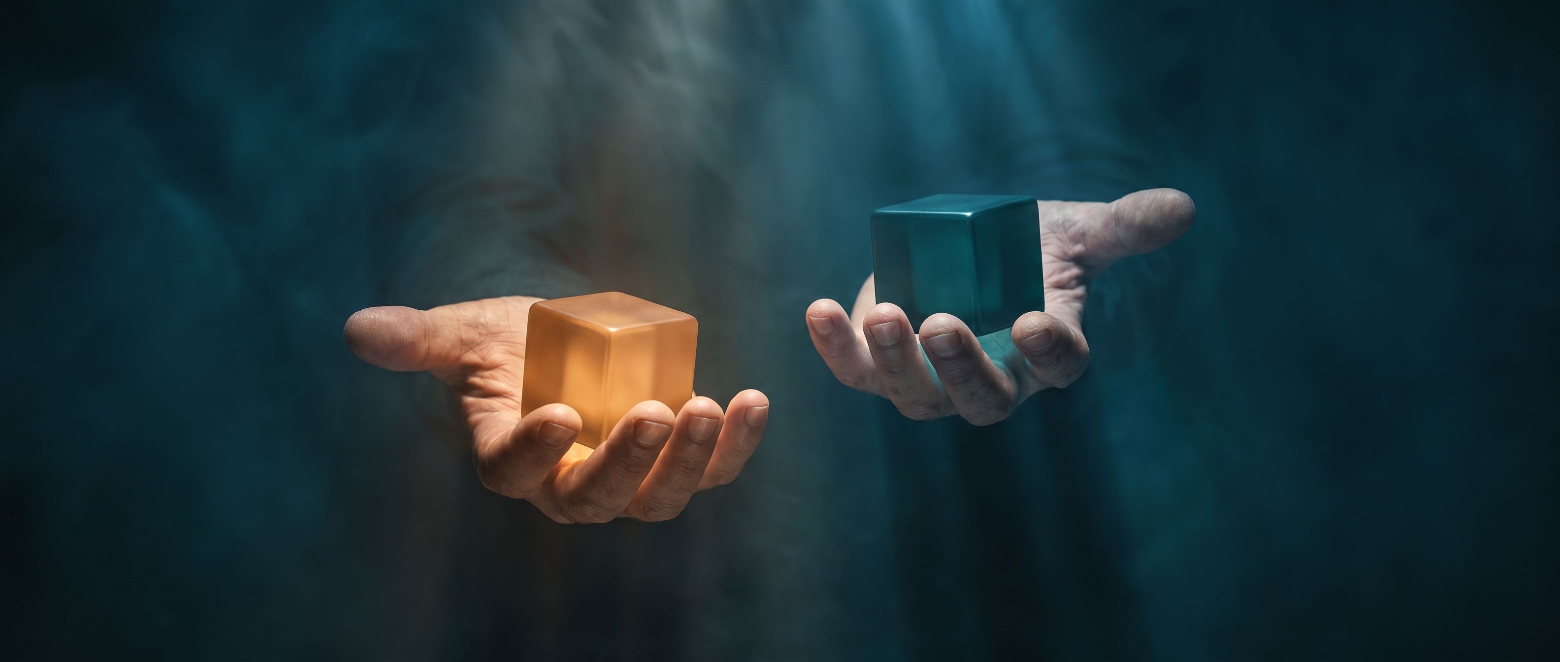 A pair of open hands weighing two cubes against each other, one glowing warm amber and one cool deep teal, the buyer weighing you against the other option.