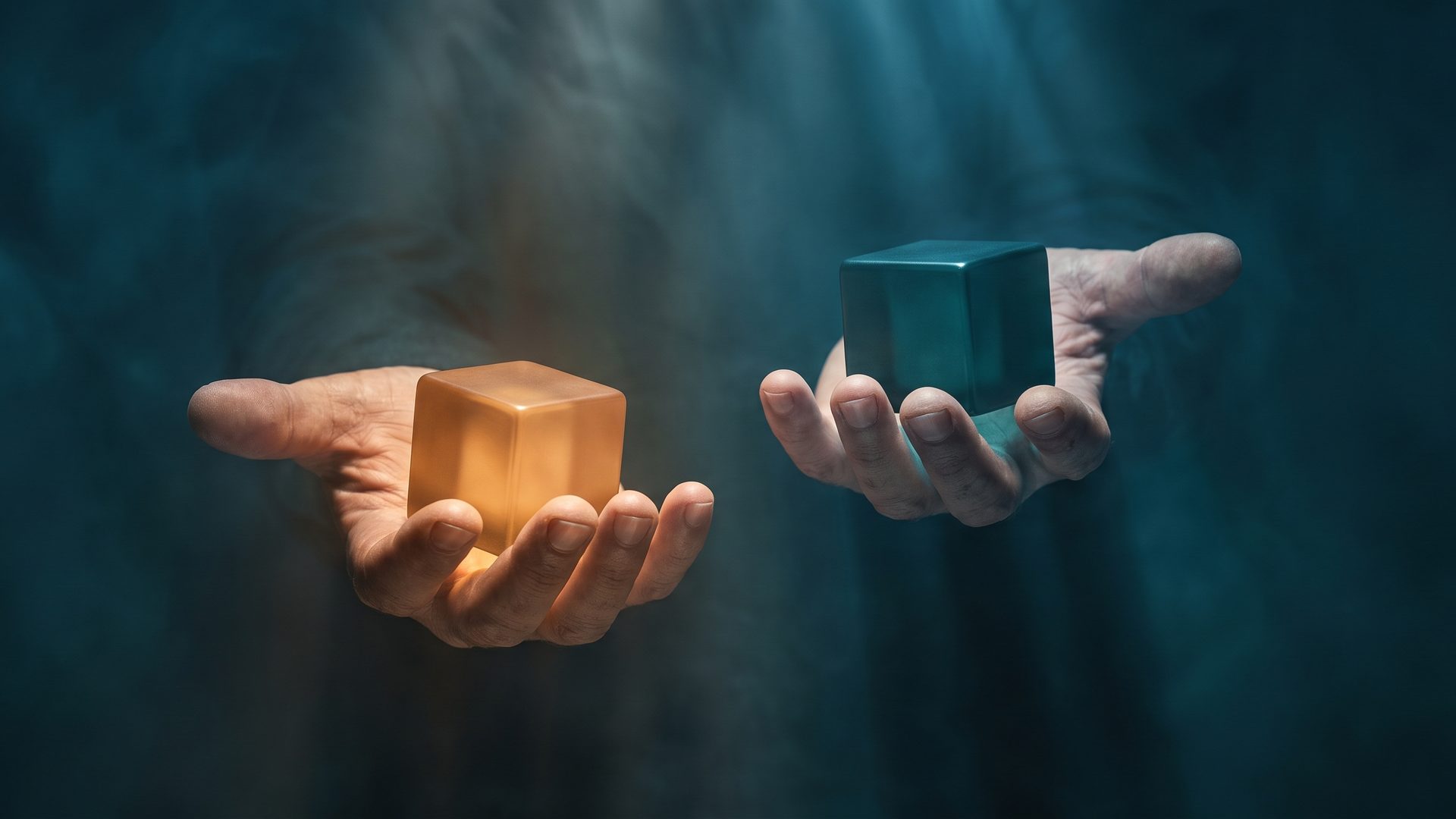 A pair of open hands weighing two cubes against each other, one glowing warm amber and one cool deep teal, the buyer weighing you against the other option.