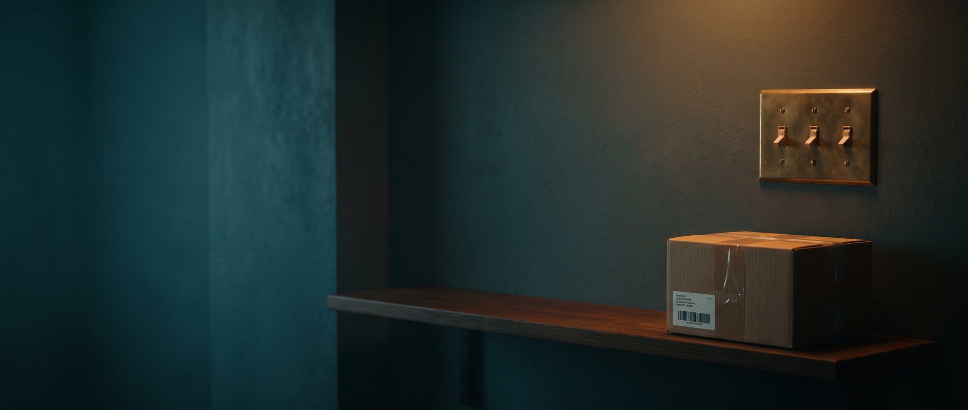A brass wall plate with three toggle switches all flipped on above a taped cardboard shipping box on a wooden shelf, in a dark stockroom lit by a warm amber light.