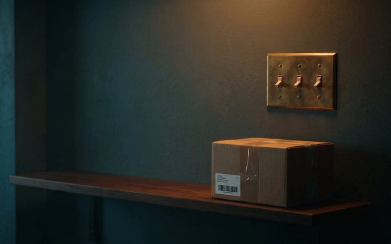 A brass wall plate with three toggle switches all flipped on above a taped cardboard shipping box on a wooden shelf, in a dark stockroom lit by a warm amber light.