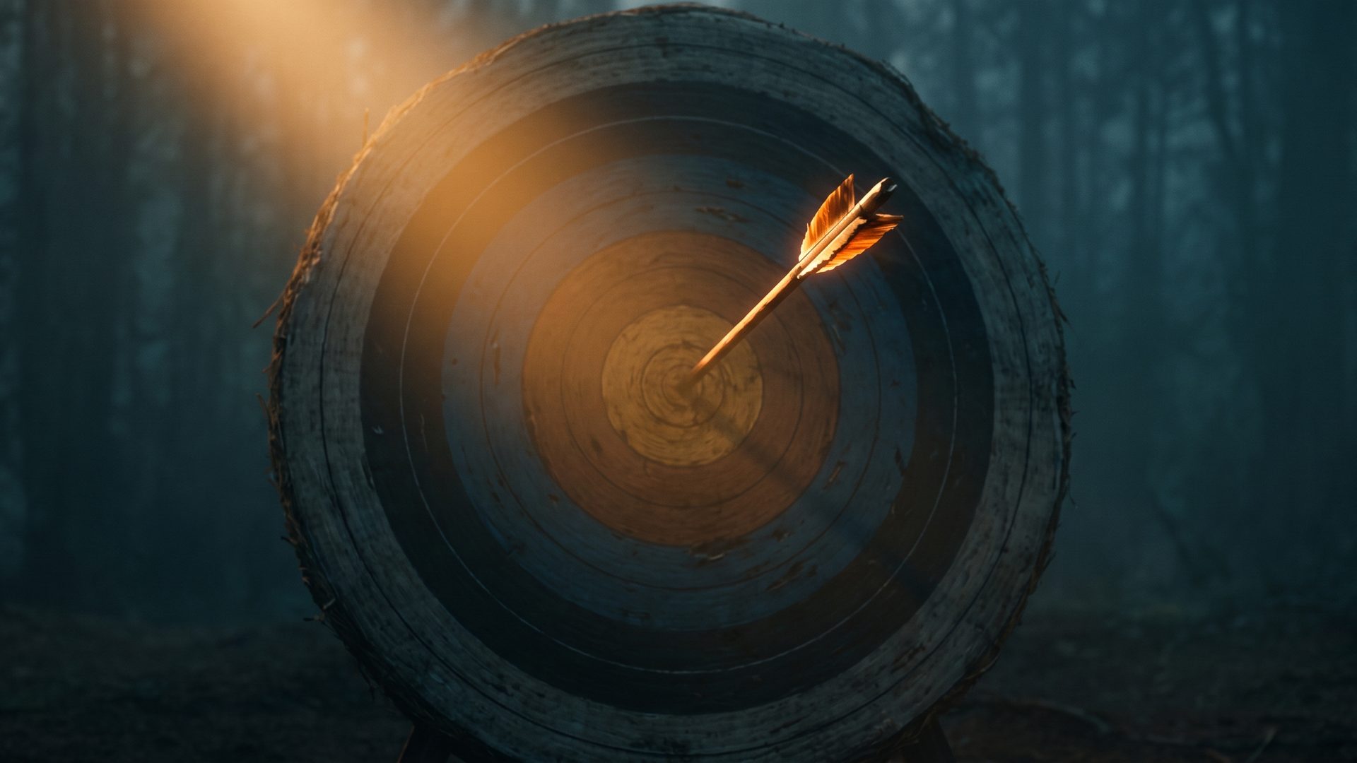 An arrow struck dead-center into the exact inner ring of an archery target