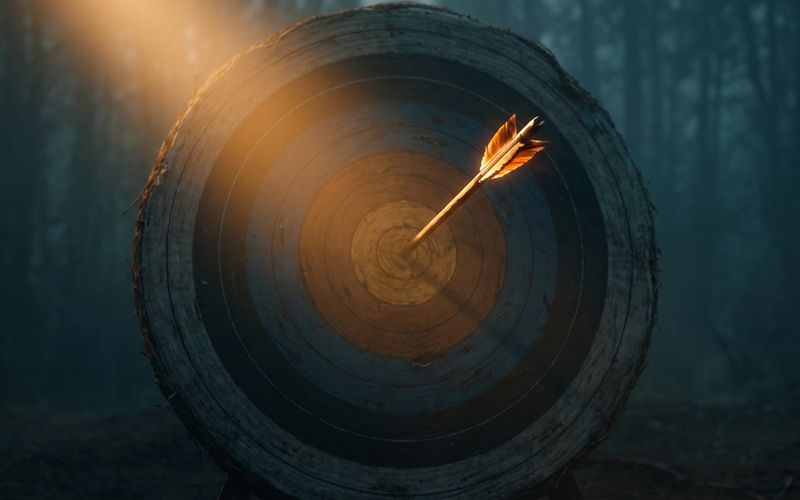 An arrow struck dead-center into the exact inner ring of an archery target