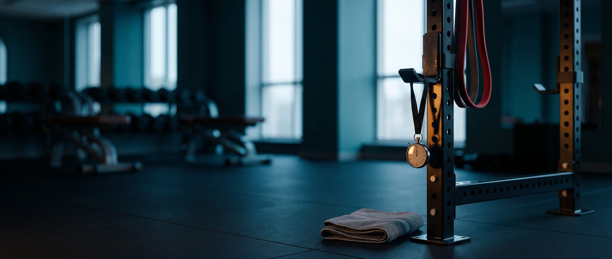 A coach's silver stopwatch hanging by its lanyard from a black squat rack upright in a dim, empty gym, a red resistance band looped over the rack and a folded gray towel on the rubber floor below