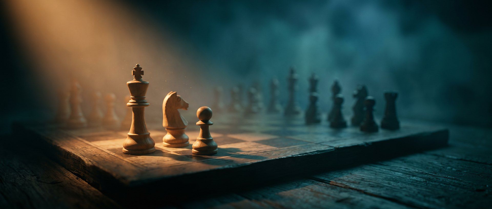 A chess board fading into deep teal shadow with just a few pieces lit by warm amber light - strategy over volume, a few deliberate moves.
