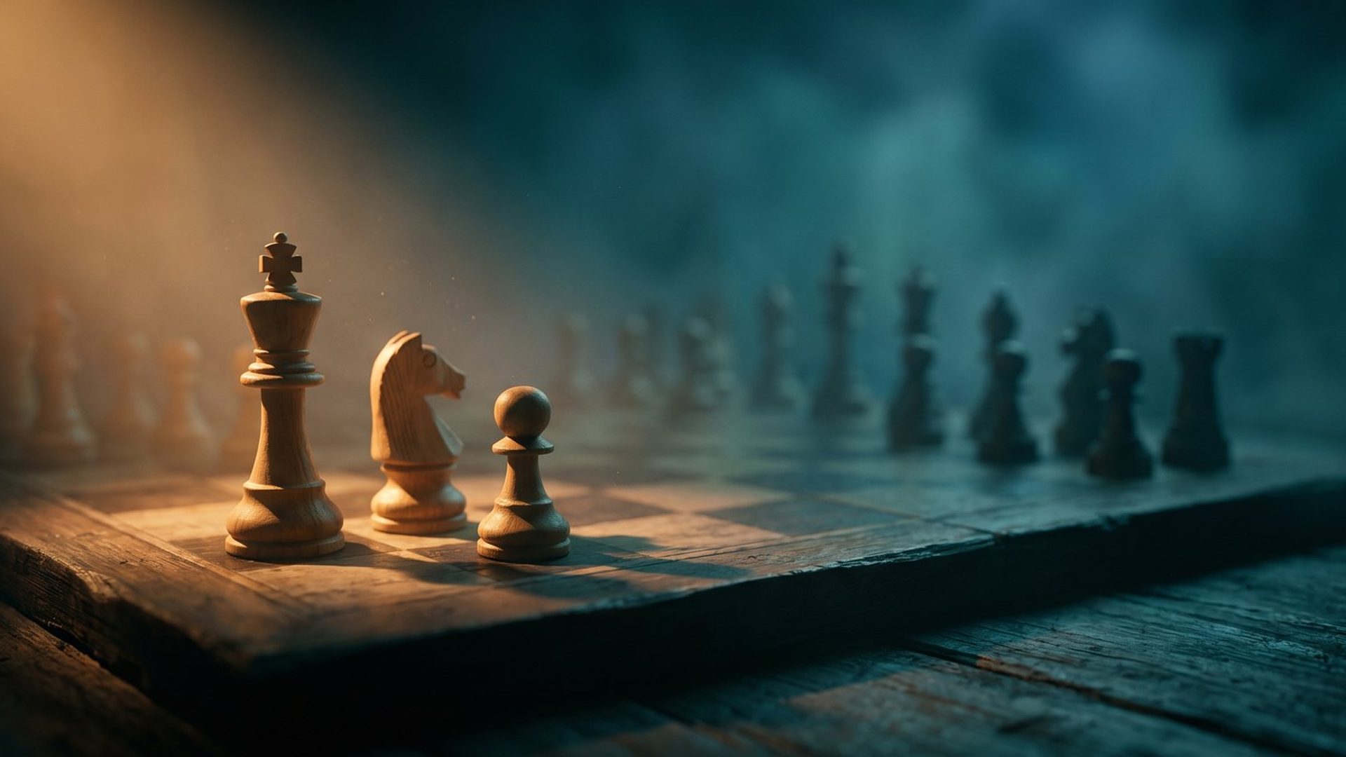 A chess board fading into deep teal shadow with just a few pieces lit by warm amber light - strategy over volume, a few deliberate moves.