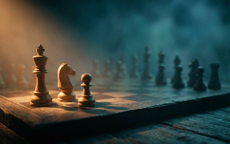 A chess board fading into deep teal shadow with just a few pieces lit by warm amber light - strategy over volume, a few deliberate moves.