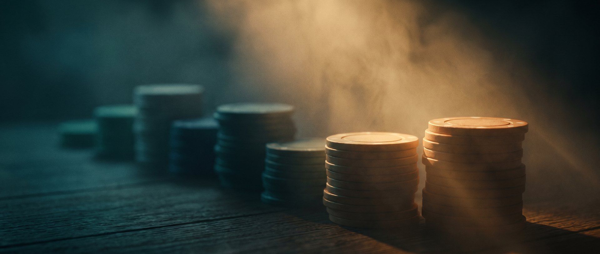 A long row of gaming-chip stacks fading into blue shadow, only two lit warm amber - most LinkedIn ad formats just spend a small budget without returning leads.