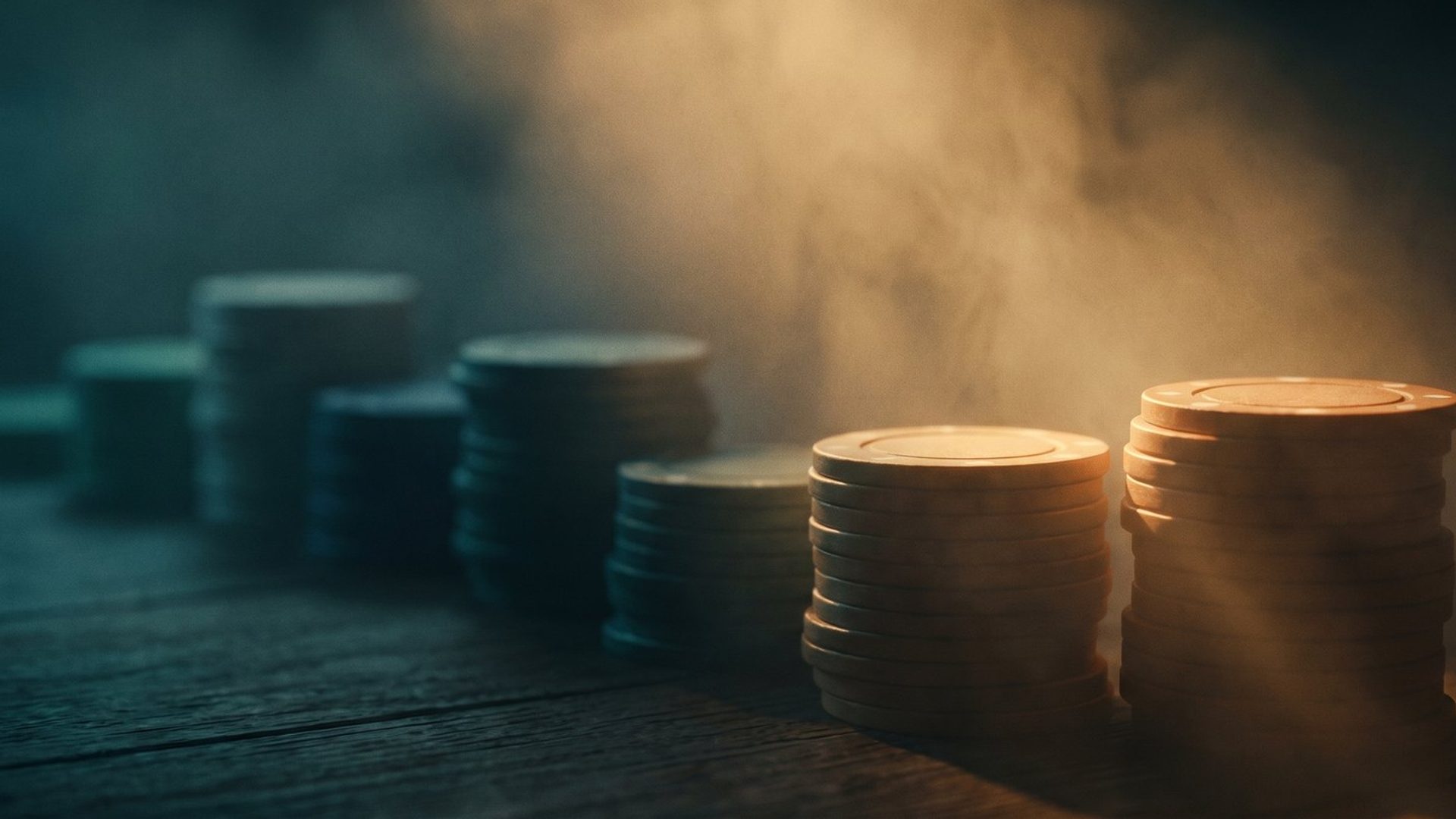A long row of gaming-chip stacks fading into blue shadow, only two lit warm amber - most LinkedIn ad formats just spend a small budget without returning leads.