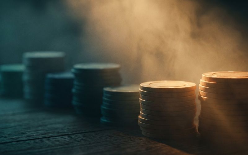 A long row of gaming-chip stacks fading into blue shadow, only two lit warm amber - most LinkedIn ad formats just spend a small budget without returning leads.