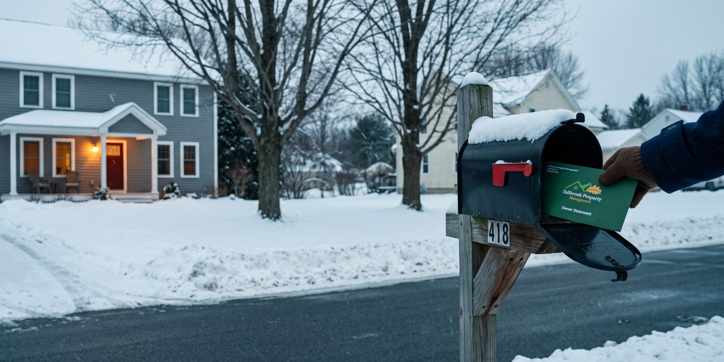 A gloved hand reaches into a snowy curbside mailbox for a green Tallbrook Property Management envelope marked Owner Statement, on a snow-covered residential street