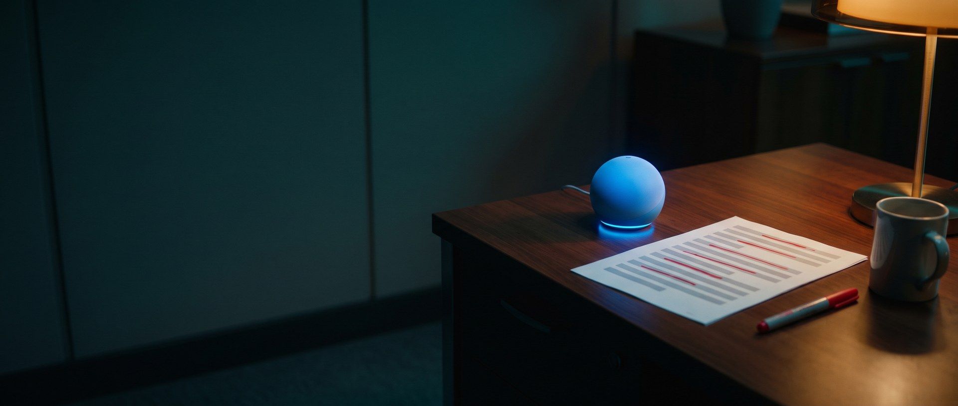 A small glowing blue AI assistant orb on a dark agency office desk beside a printed page of ad lines, several struck through in red, with a red marker, a mug and a desk lamp