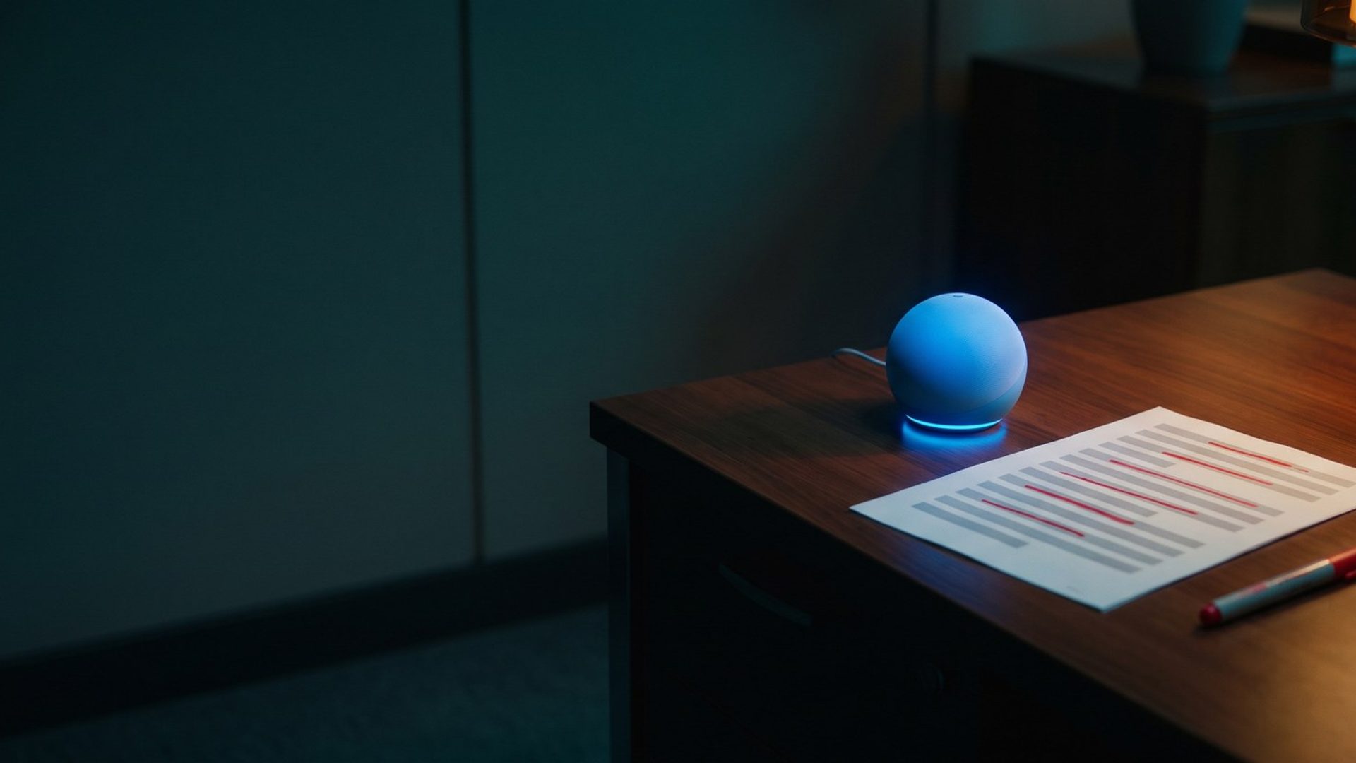 A small glowing blue AI assistant orb on a dark agency office desk beside a printed page of ad lines, several struck through in red, with a red marker, a mug and a desk lamp