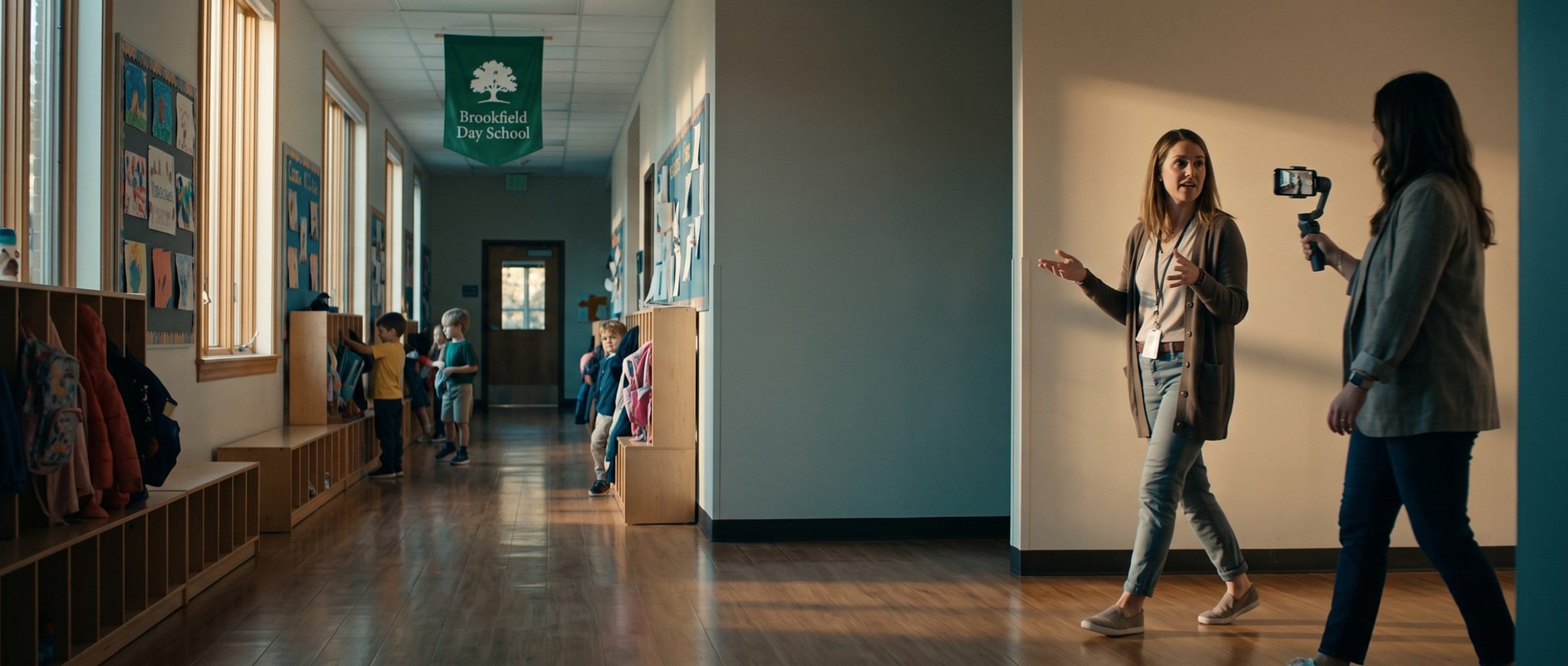 In a sunlit school hallway under a Brookfield Day School banner, a teacher talks and gestures while a colleague films her on a phone gimbal, as young children hang backpacks at cubbies