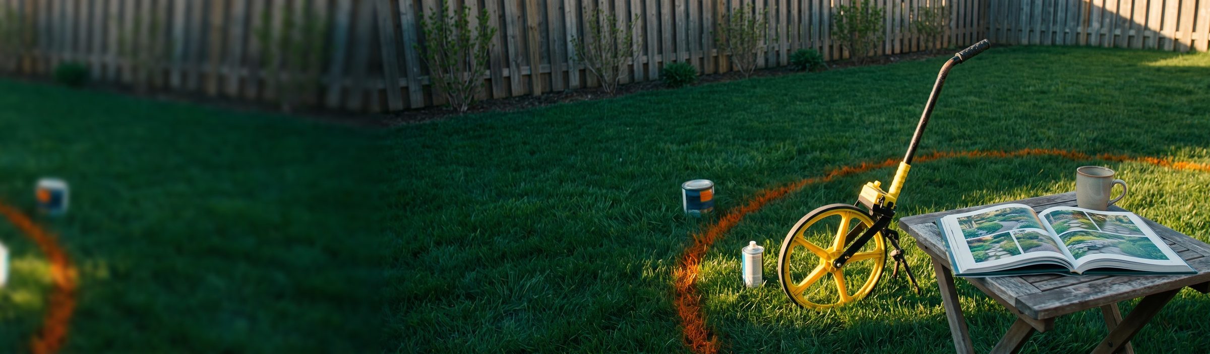 A yellow measuring wheel standing on a spring lawn beside a fresh orange paint line that outlines a new garden bed, next to a weathered patio table holding an open garden idea book and a mug