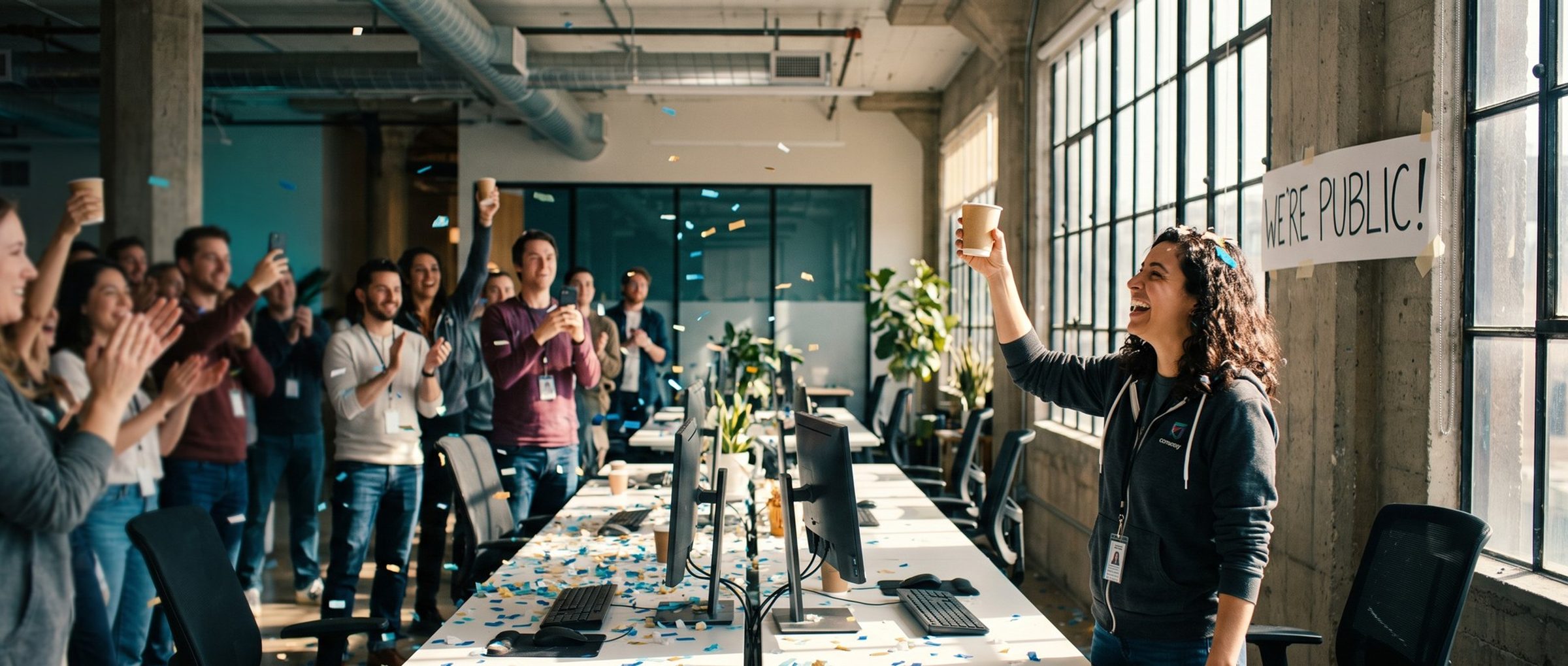 Confetti falls in a sunlit startup office as an engineer in a company hoodie laughs and raises a paper cup beside a hand-lettered banner reading WE'RE PUBLIC, coworkers cheering behind her