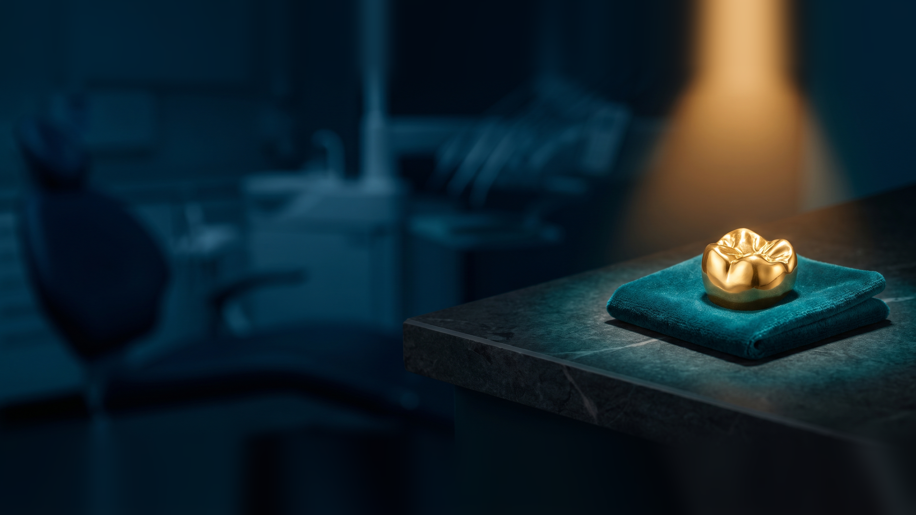 A single polished gold dental crown resting on a folded square of teal velvet under a warm spotlight, a dental operatory blurred behind