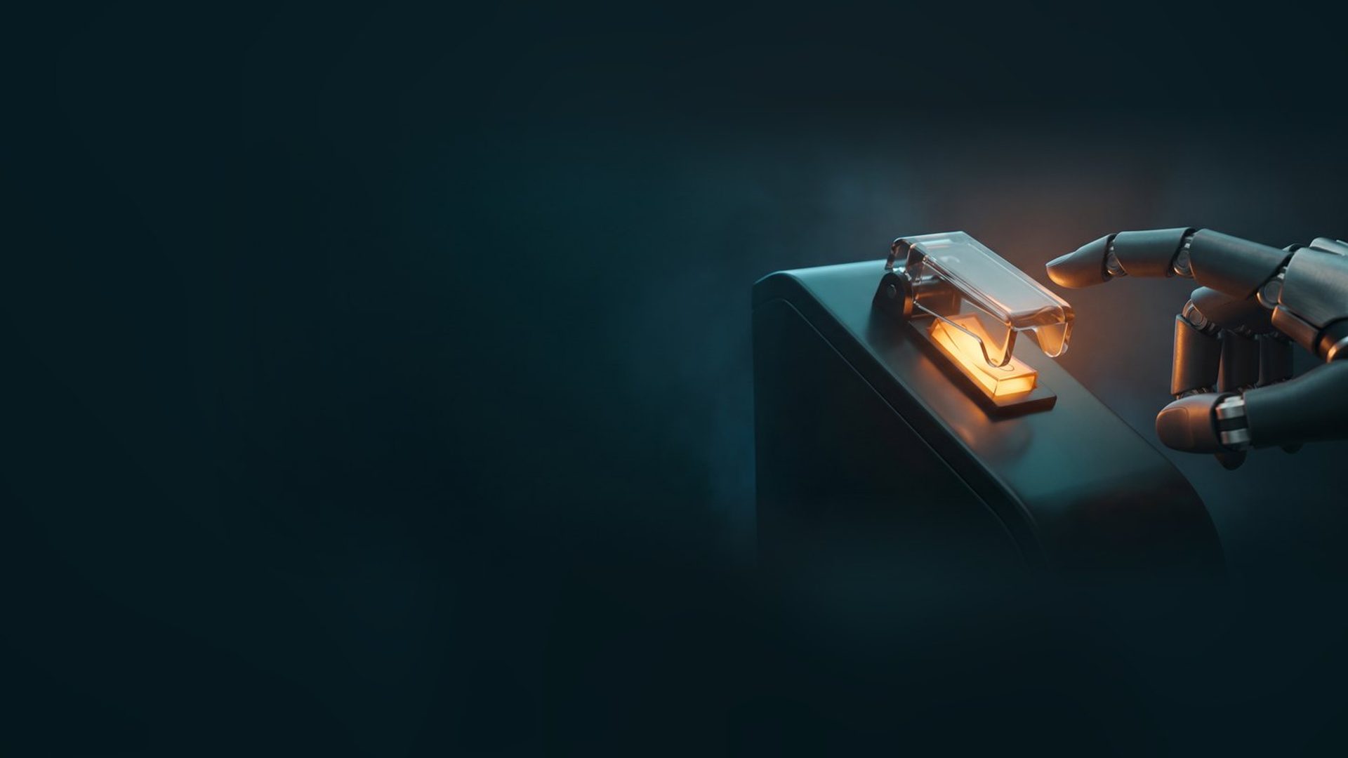 A robotic hand reaching toward a glowing amber switch protected by a closed clear safety cover on a dark console.