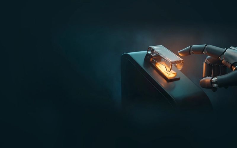 A robotic hand reaching toward a glowing amber switch protected by a closed clear safety cover on a dark console.