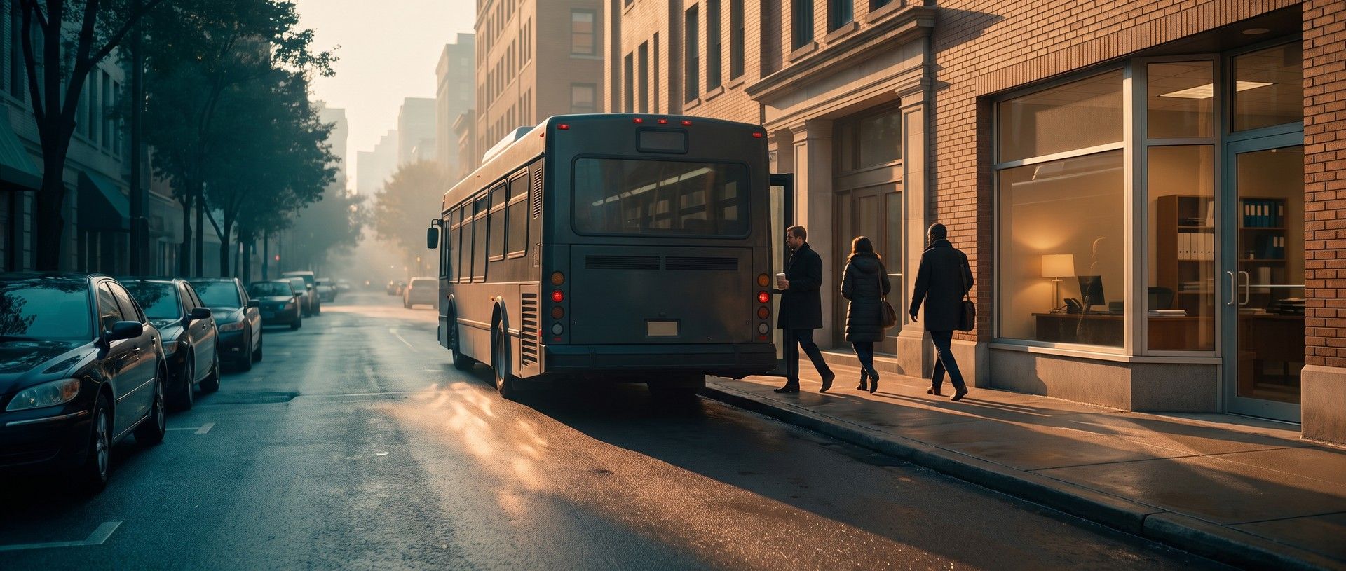 A city street at sunrise: a plain city bus stopped at the curb as three commuters in coats, one holding a coffee cup, walk past the lit front window of a small street-level office with a desk, a lamp and shelves of binders inside
