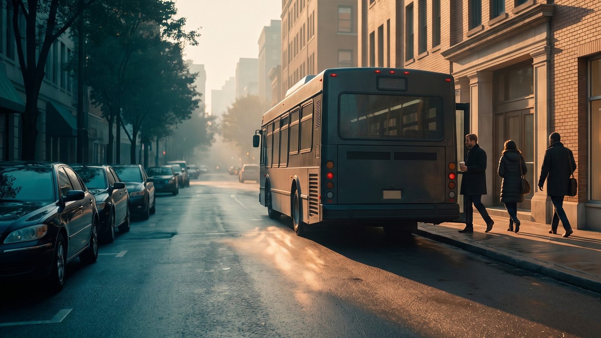 A city street at sunrise: a plain city bus stopped at the curb as three commuters in coats, one holding a coffee cup, walk past the lit front window of a small street-level office with a desk, a lamp and shelves of binders inside