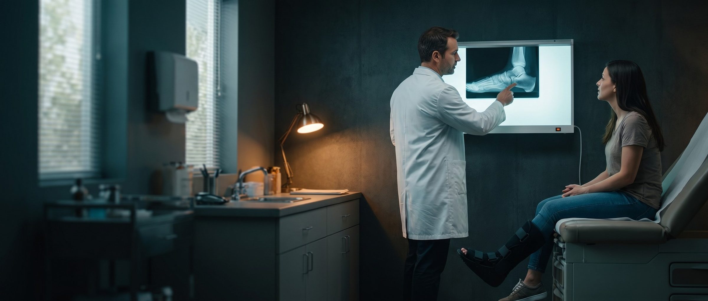 A podiatrist pointing to a side-view foot X-ray on a wall lightbox while a patient in a walking boot listens from the exam chair