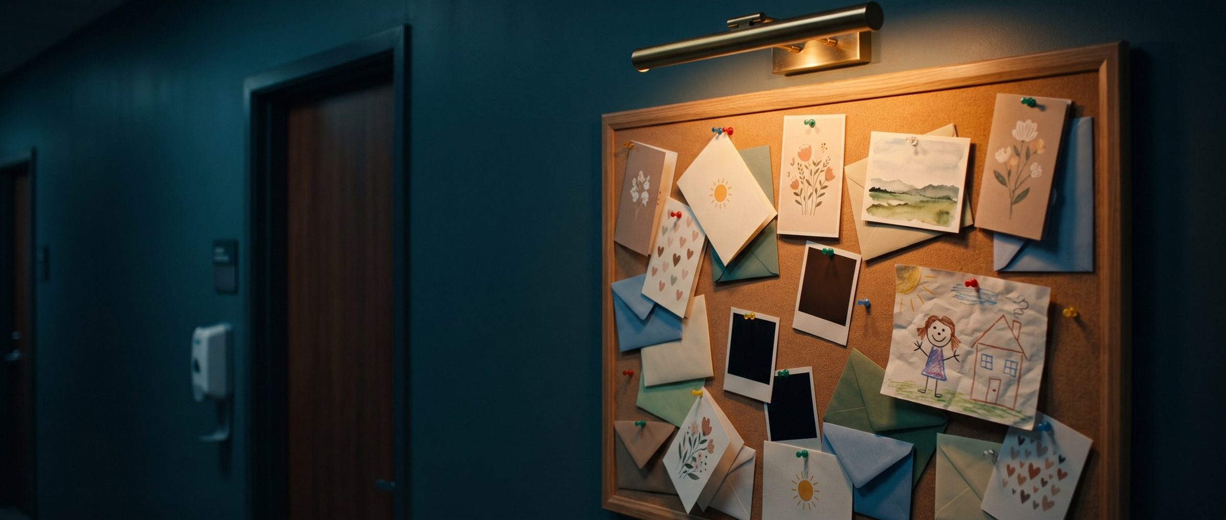 A corkboard in a dim clinic hallway pinned edge to edge with patients' thank-you cards and a child's crayon drawing, lit by a warm picture light beside an exam room door