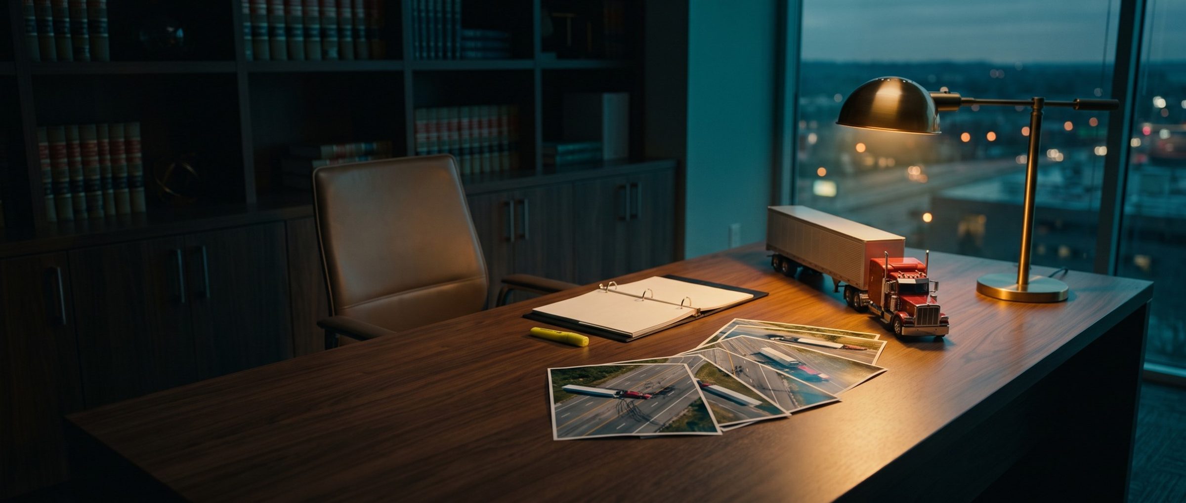 A lawyer's walnut desk at dusk with a red scale-model semi truck under a brass lamp, aerial photos of a highway truck crash fanned out in front of it and an open binder beside them