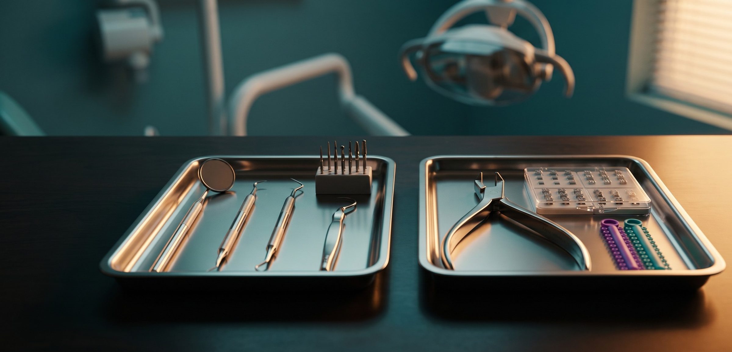 Two steel instrument trays side by side on a clinic counter: one with a general dentist's mirror, scaler, explorers and drill burs, the other with an orthodontist's distal end cutter, a box of brackets and purple and teal elastic-tie sticks