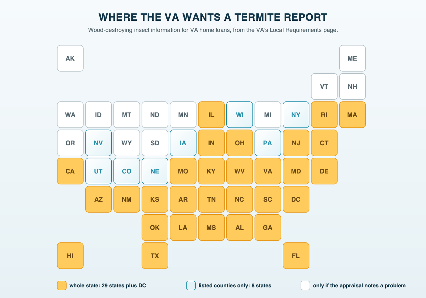 Where the VA wants a termite report: US states marked by whether the VA requires wood-destroying insect information statewide, only in listed counties, or not unless the appraisal notes a problem