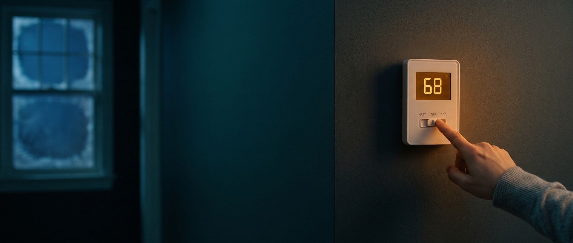 A fingertip sliding a hallway thermostat's switch toward heat at night, the display reading 68, with frost creeping across a dark window behind it
