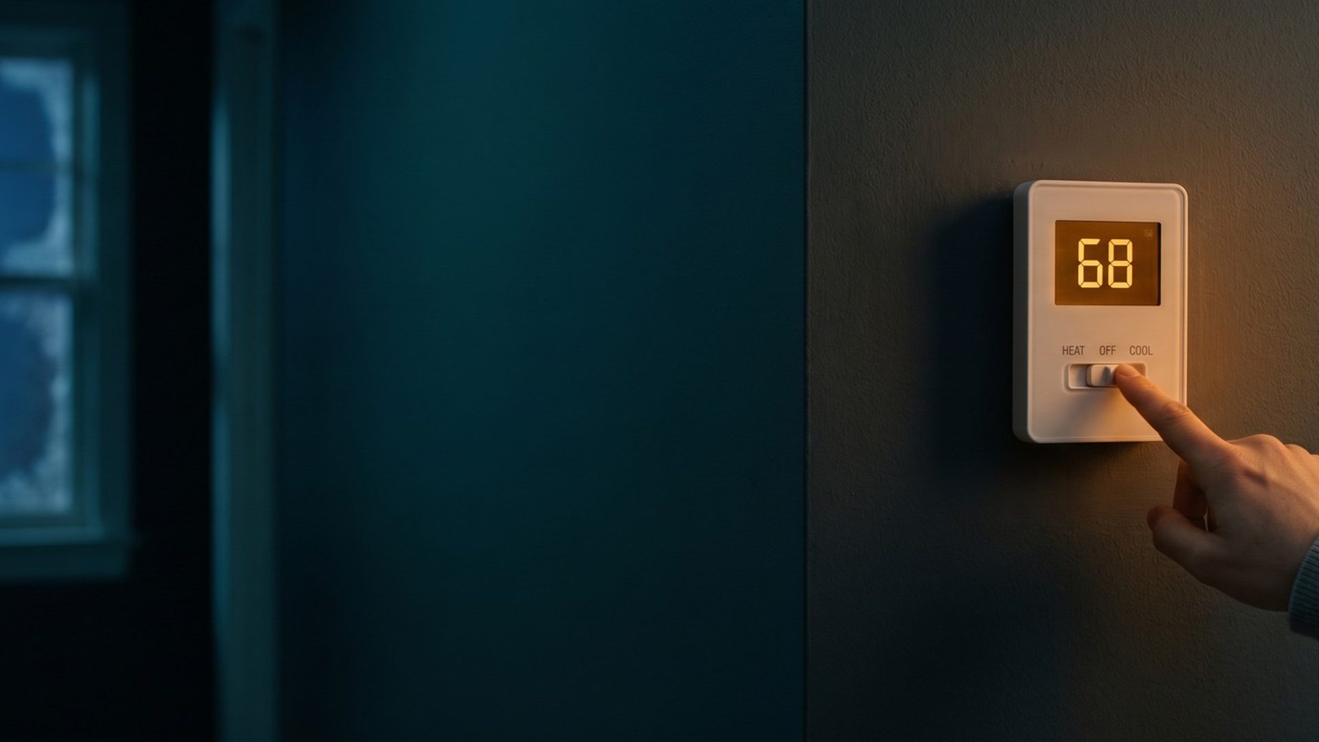 A fingertip sliding a hallway thermostat's switch toward heat at night, the display reading 68, with frost creeping across a dark window behind it
