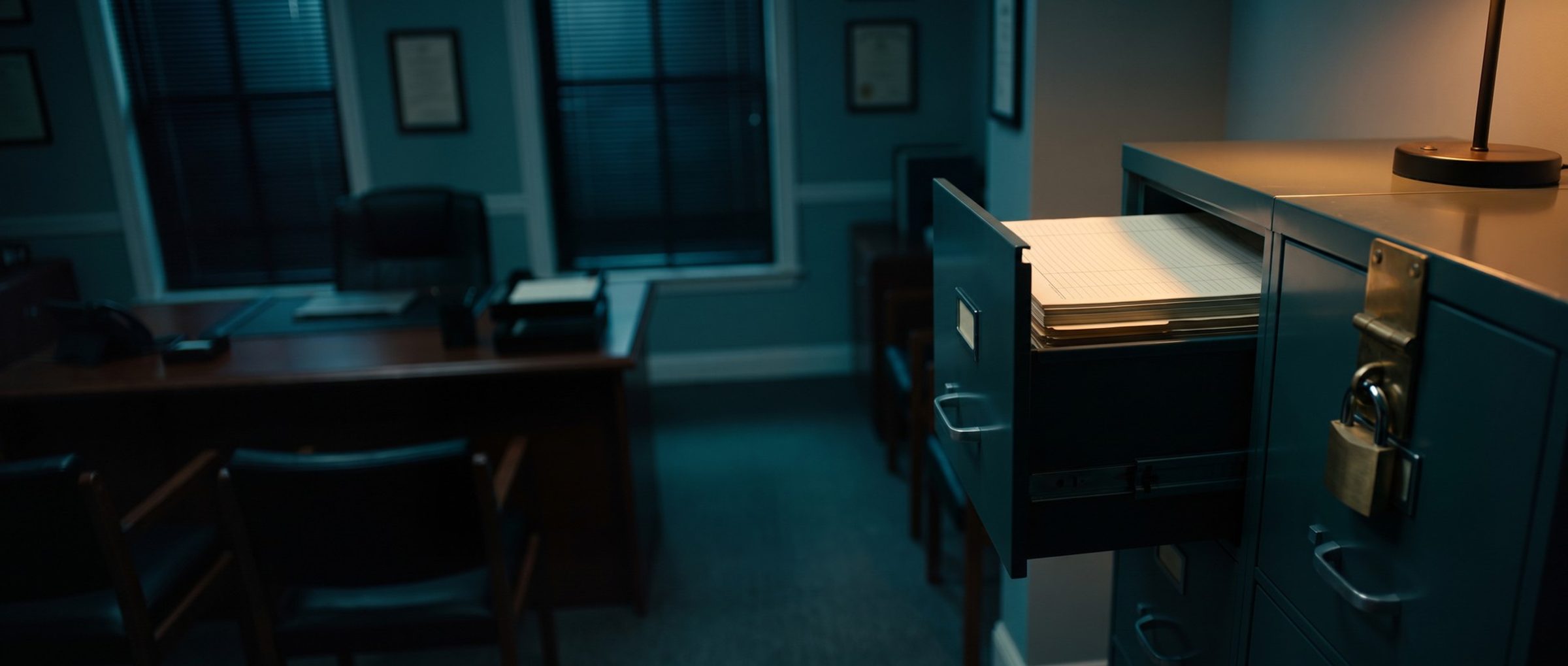 An accounting office at night seen from the doorway: a desk and chairs in teal shadow, and a steel filing cabinet with its top drawer open on a neat stack of blank ruled forms in warm lamplight, beside a drawer shut with a brass hasp and padlock