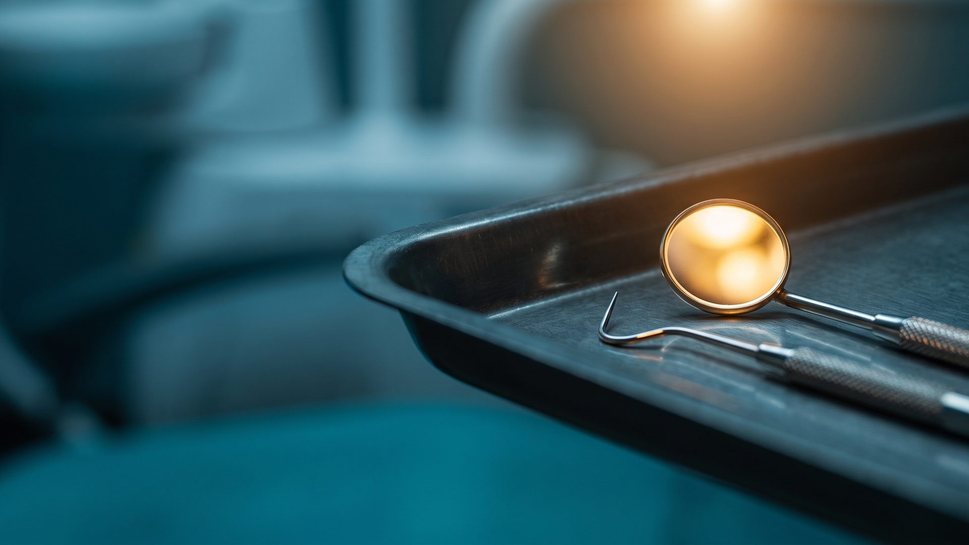 A dental mirror and explorer on a steel instrument tray, the mirror catching warm amber light
