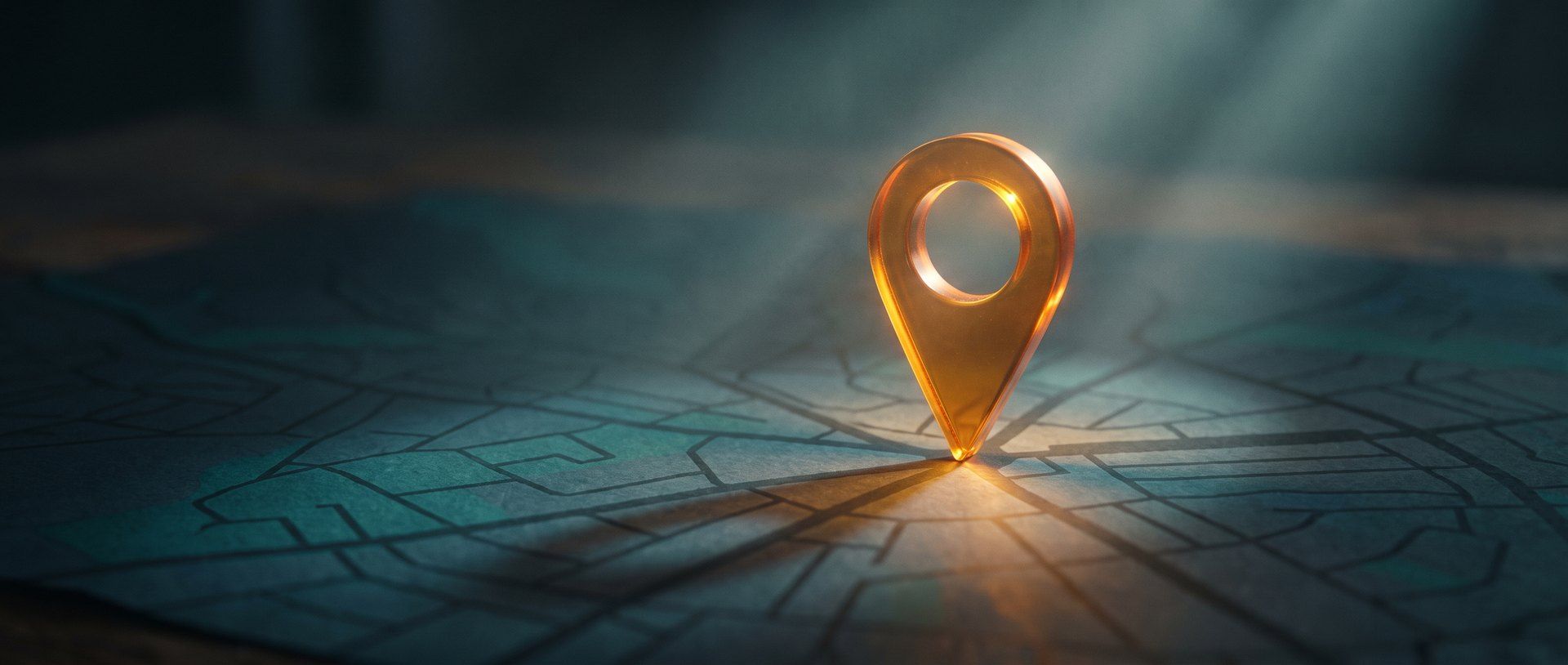 A glowing amber location map pin standing on a dark teal neighborhood street map -- Facebook ads built for your local area.
