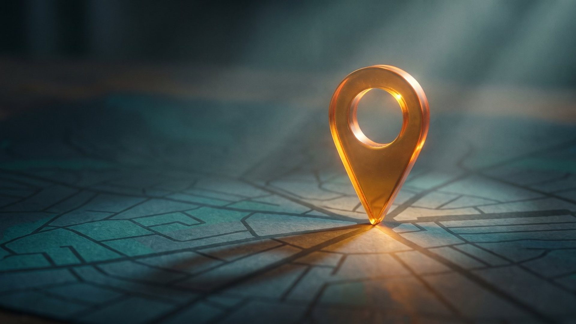 A glowing amber location map pin standing on a dark teal neighborhood street map -- Facebook ads built for your local area.
