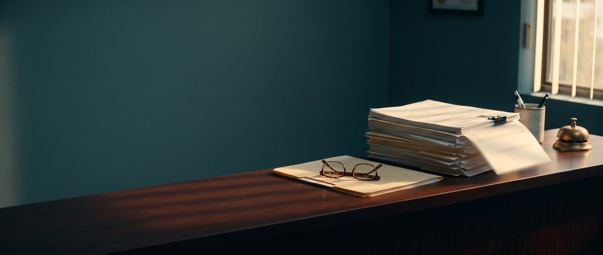 A tall stack of paper job applications held with a binder clip beside a single client folder topped with reading glasses on a home care agency front desk
