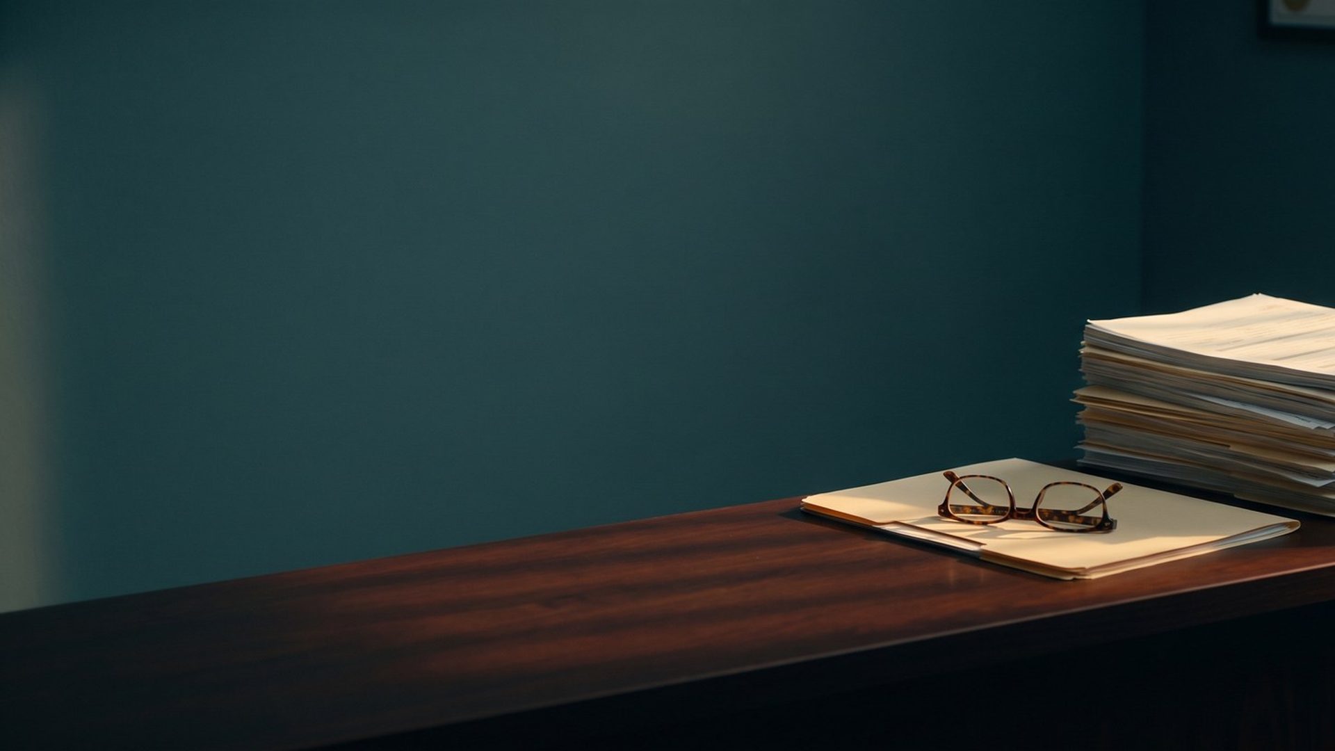 A tall stack of paper job applications held with a binder clip beside a single client folder topped with reading glasses on a home care agency front desk