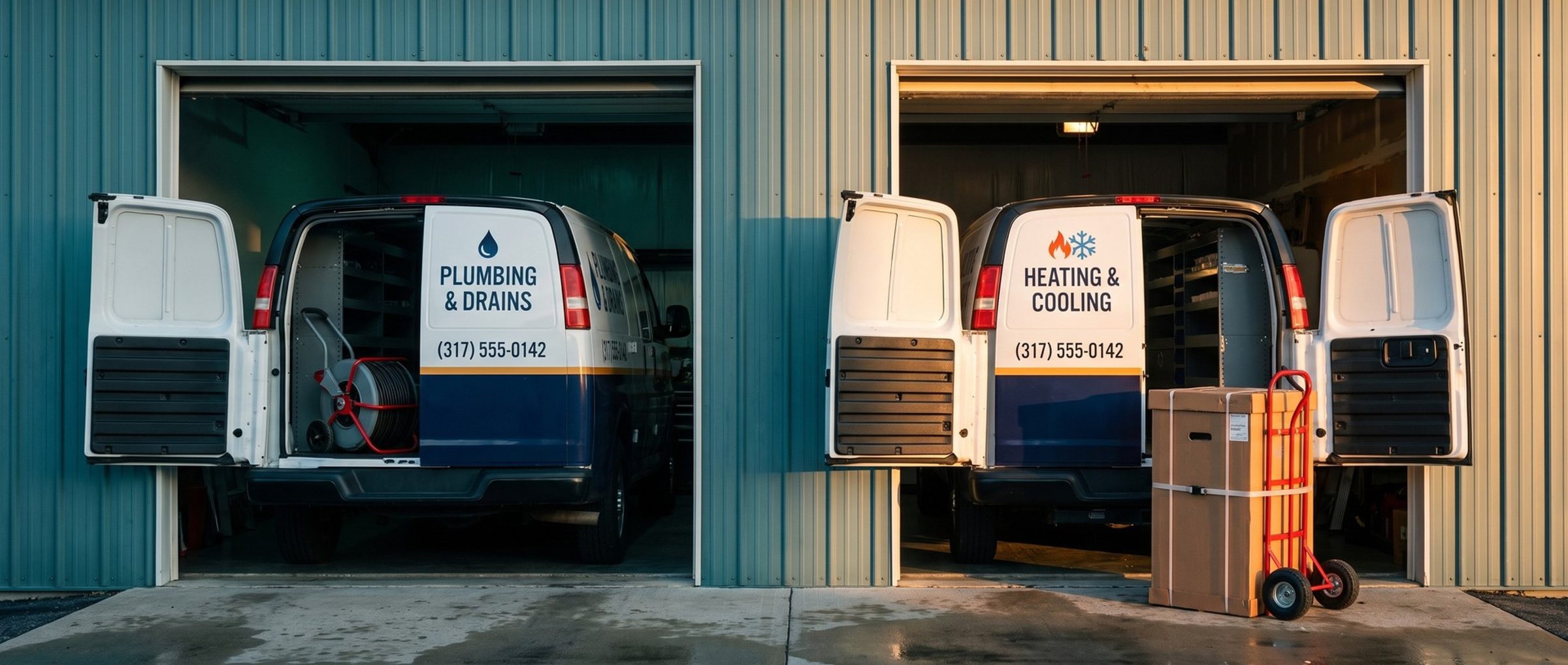Two matching service vans backed into a shop's bays at dawn, one lettered Plumbing and Drains with a drain machine inside, the other Heating and Cooling with a boxed new furnace on a hand truck behind it
