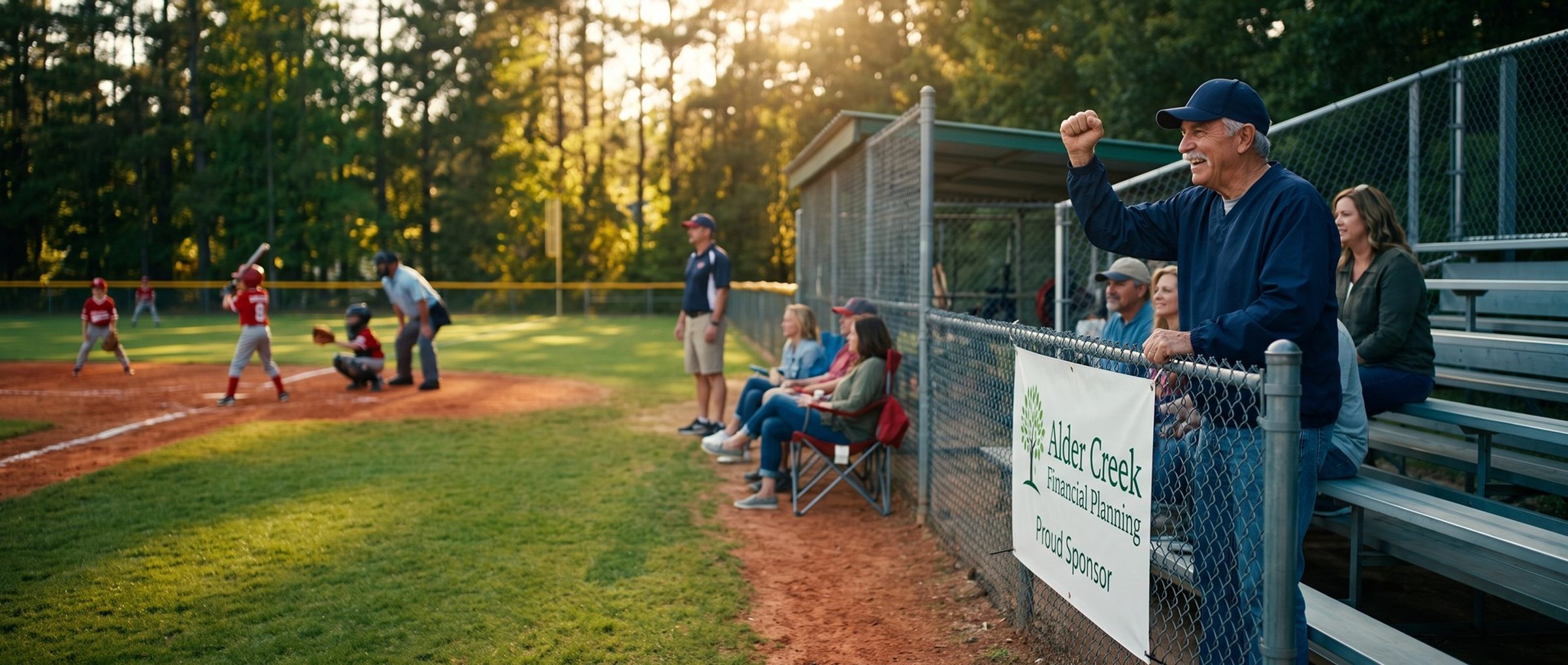 At a sunny small-town youth baseball game, a grandfather in a navy cap cheers from the bleachers beside a fence banner reading Alder Creek Financial Planning, Proud Sponsor