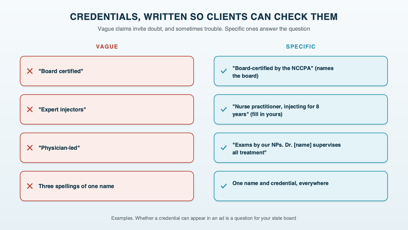 Credentials, written so clients can check them: vague phrases such as board certified, expert injector and physician-led beside specific versions that name the certifying board, the license and the years injecting, and who supervises
