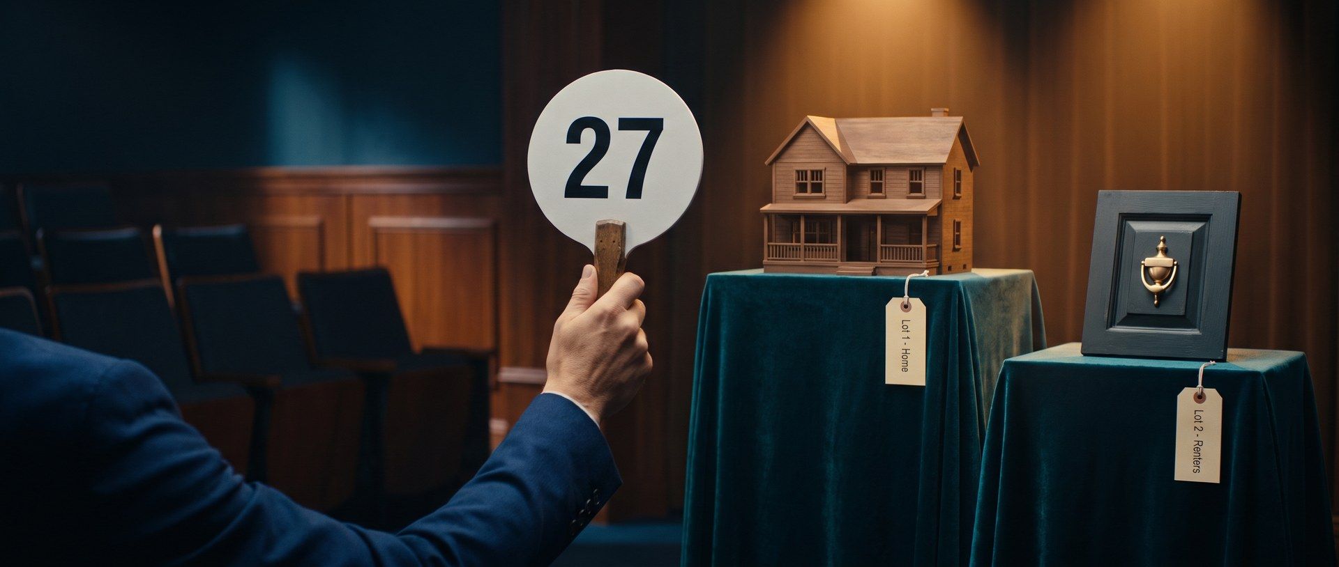 In a wood-paneled auction room, a bidder in a navy blazer raises paddle 27 toward two lots on teal velvet stands: a model family house tagged Lot 1 - Home and a brass apartment door knocker tagged Lot 2 - Renters