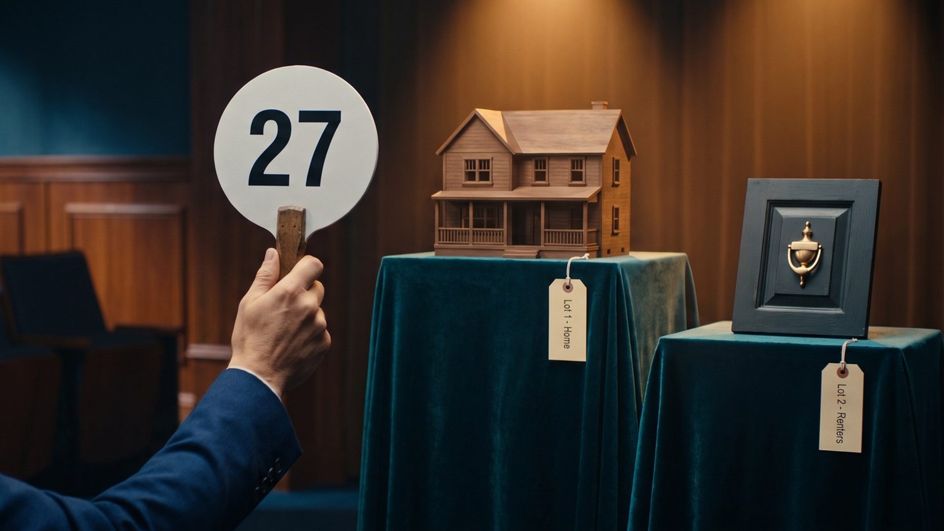 In a wood-paneled auction room, a bidder in a navy blazer raises paddle 27 toward two lots on teal velvet stands: a model family house tagged Lot 1 - Home and a brass apartment door knocker tagged Lot 2 - Renters