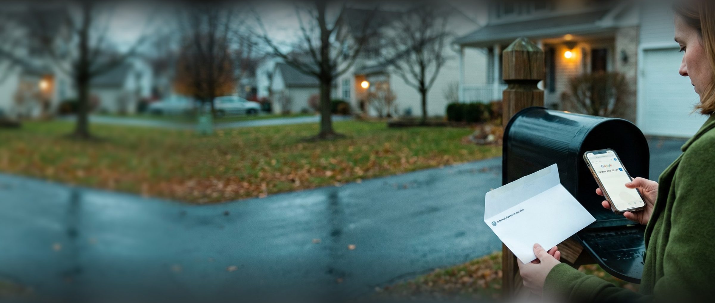 Over the shoulder of a woman at her driveway mailbox on a gray fall morning, an opened envelope from the Internal Revenue Service in one hand and her phone in the other, searching irs letter what do i do