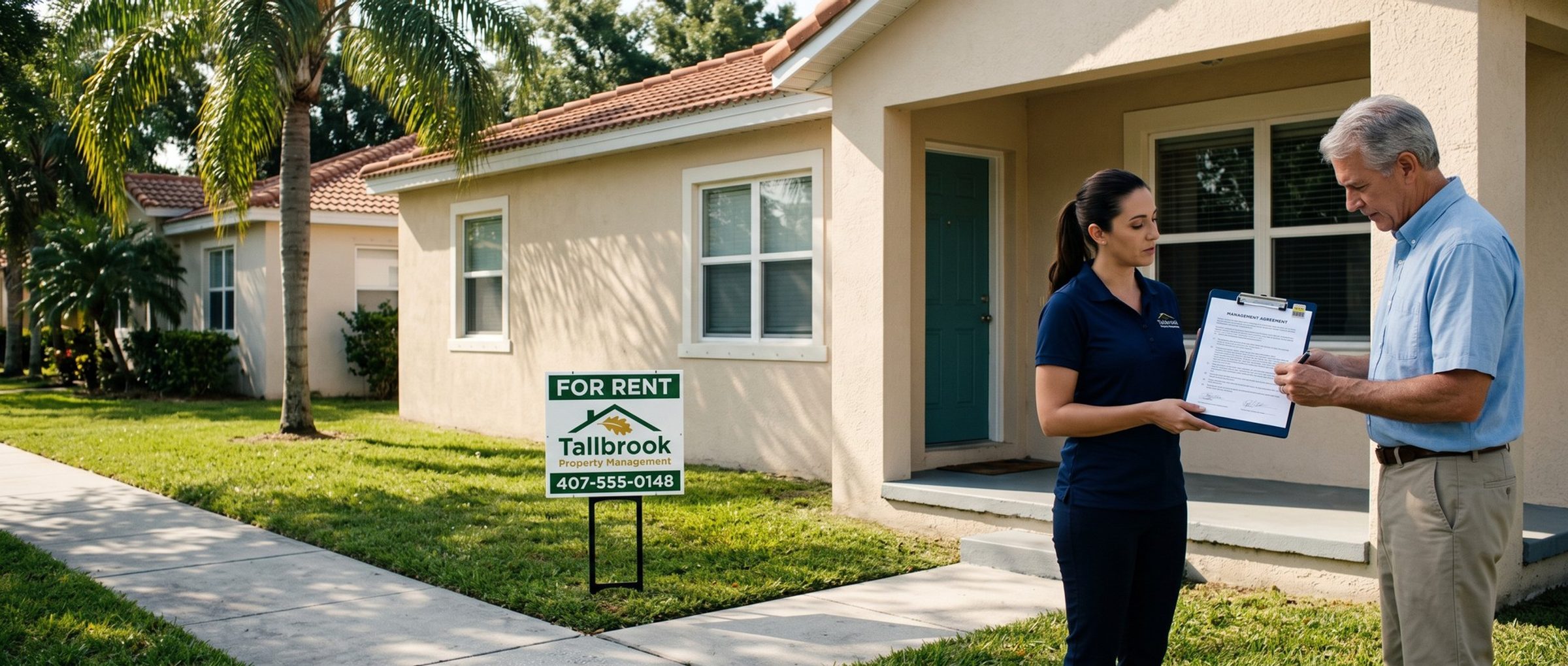 A gray-haired owner signs a Tallbrook Property Management agreement on a clipboard held by a property manager in a navy polo, on the porch of a stucco rental house with a Tallbrook For Rent sign in the lawn